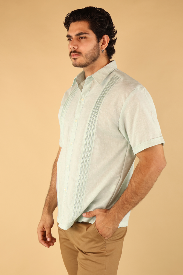 Camisa Tipo Guayabera Verde Manzana Hombre Manga Corta Alforzada